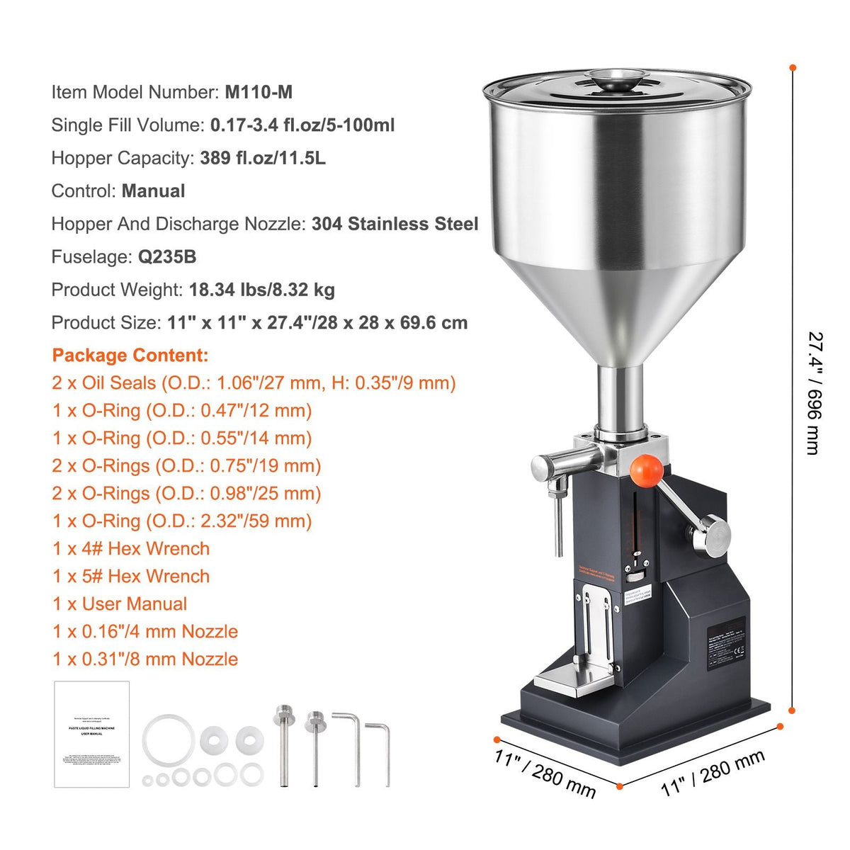 Manual Paste Liquid Filling Machine, 5-100ml Bottle Filler, Adjustable Bottle Filling Machine, Stainless Steel Liquid Filler with Hopper for Milk Water Juice Essential Oil Shampoo Cosmetic Honey