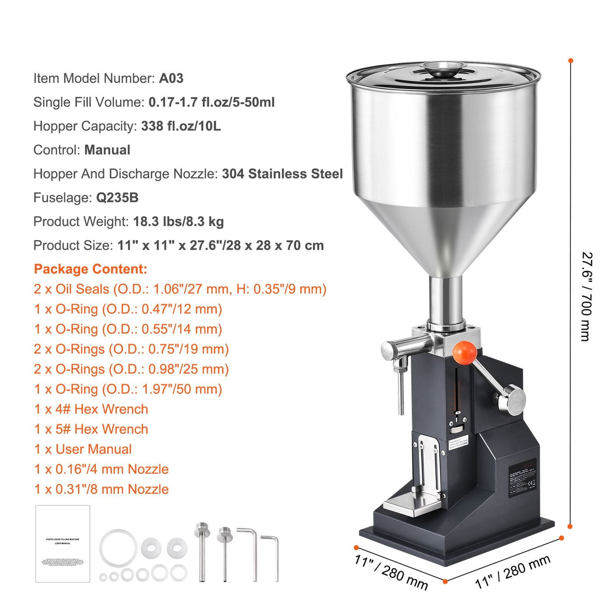 Manual Paste Liquid Filling Machine, 5-50ml Bottle Filler, Adjustable Bottle Filling Machine, Stainless Steel Liquid Filler with Hopper for Milk Water Juice Essential Oil Shampoo Cosmetic Honey