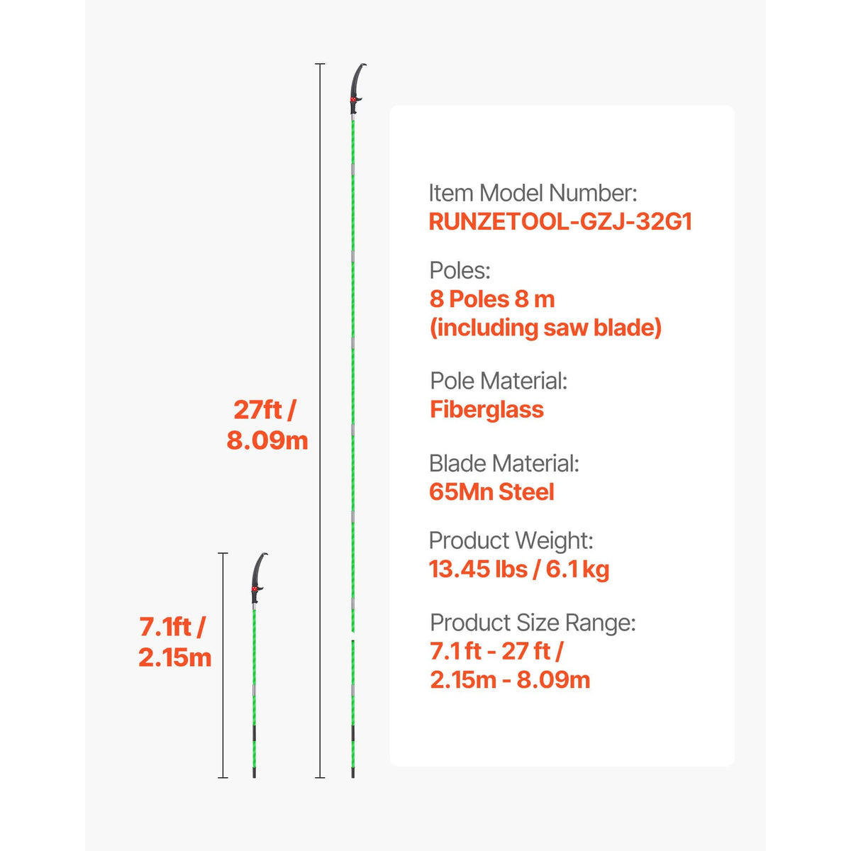 Manual Pole Saw, 3.87-27 ft Extendable Pole Tree Pruner, Sharp 65Mn Steel Blade, Lightweight Fiberglass Handle Pole, Double-Hook Saw for High Branch Trimming, Pruning Tool for Palms, Shrubs