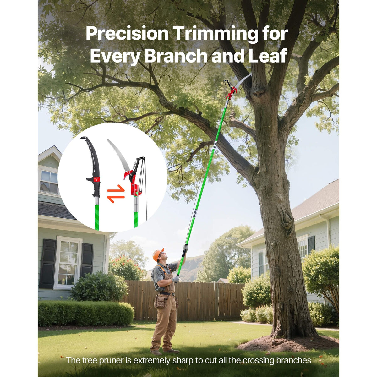 Manual Pole Saw, 3.87-27 ft Extendable Pole Tree Pruner with Scissors, Sharp 65Mn Steel Blade, Lightweight Fiberglass Handle Pole, for High Branch Trimming, Pruning Tool for Palms and Shrubs