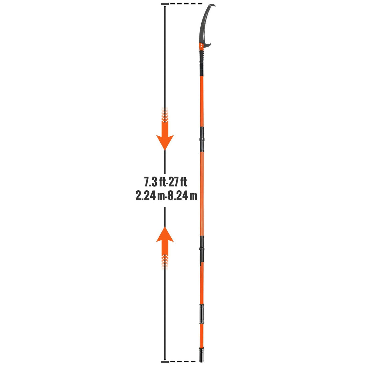 Manual Pole Saw, 7.3-27 ft Extendable Tree Pruner, Sharp Steel Blade and Scissors High Branches Trimming, Branch Trimmer with Lightweight 8 Fiberglass Handles, for Pruning Palms and Shrubs