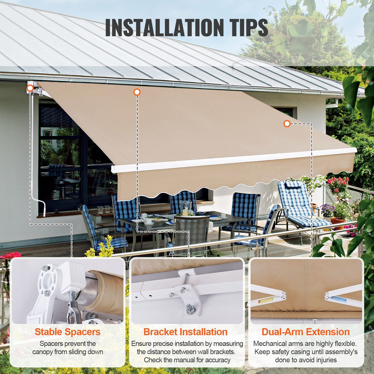 Manual Retractable Awning, 10 x 8 ft Outdoor Patio Awning Retractable Sun Shade, Water-Resistant Polyester Patio Door Window Awning Sunshade Shelter with Crank Handle for Backyard, Balcony