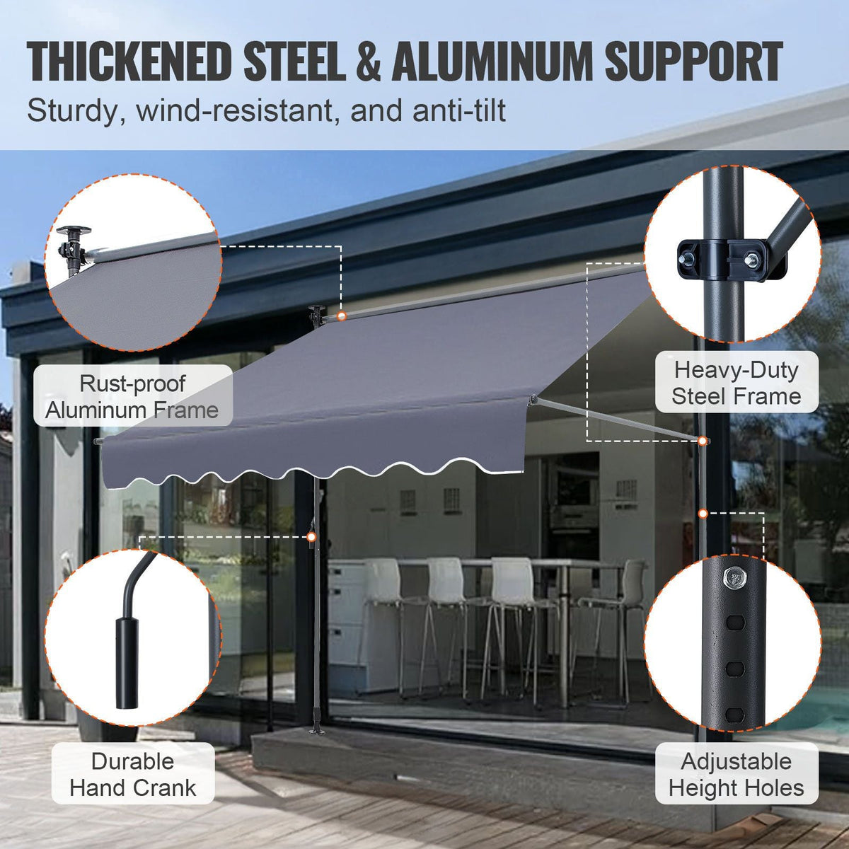 Manual Retractable Awning, 118" Outdoor Retractable Patio Awning Sunshade Shelter, Adjustable Patio Door Window Awning Canopy with 39" Sun Shade Curtain for Backyard, Garden, Balcony