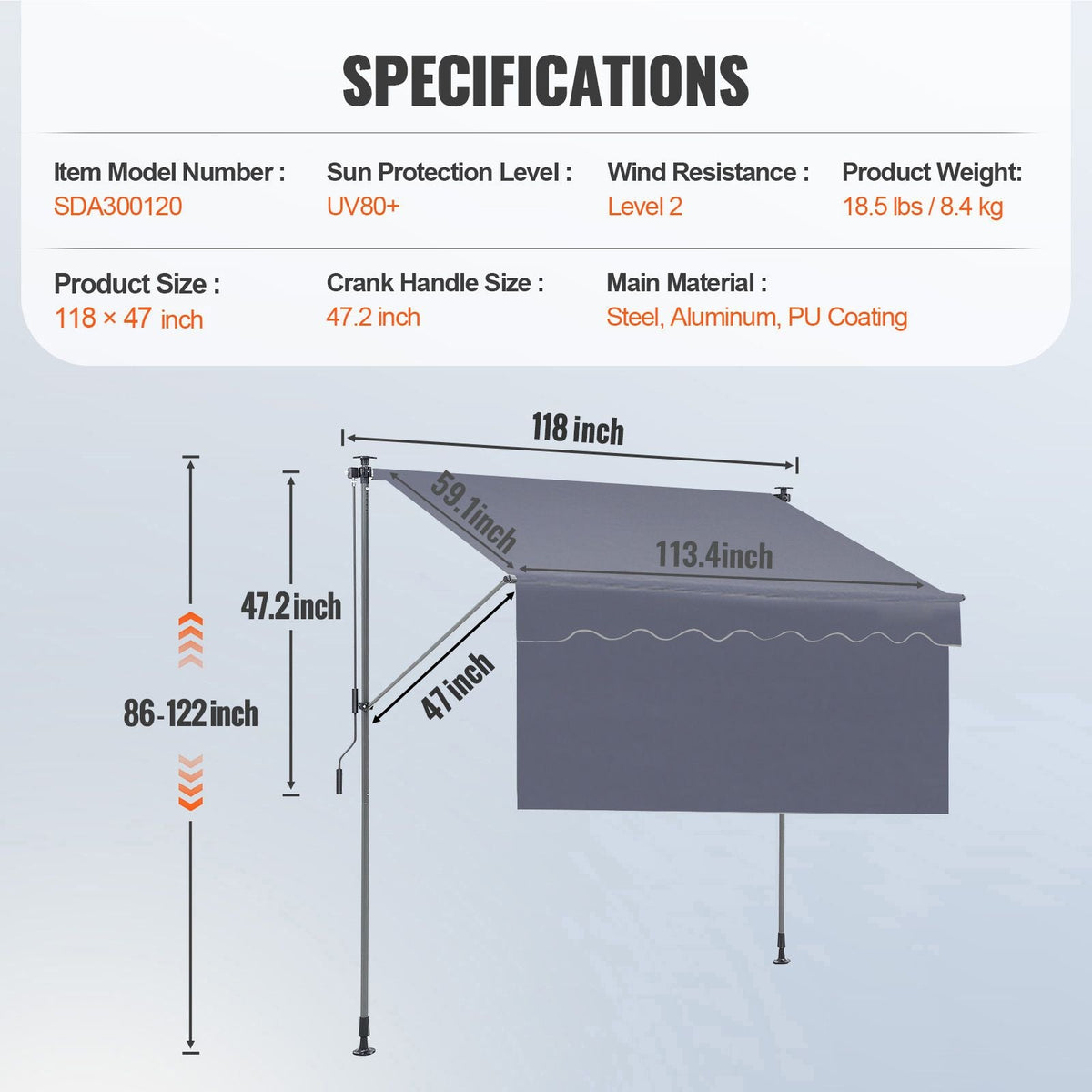 Manual Retractable Awning, 118" Outdoor Retractable Patio Awning Sunshade Shelter, Adjustable Patio Door Window Awning Canopy with 39" Sun Shade Curtain for Backyard, Garden, Balcony