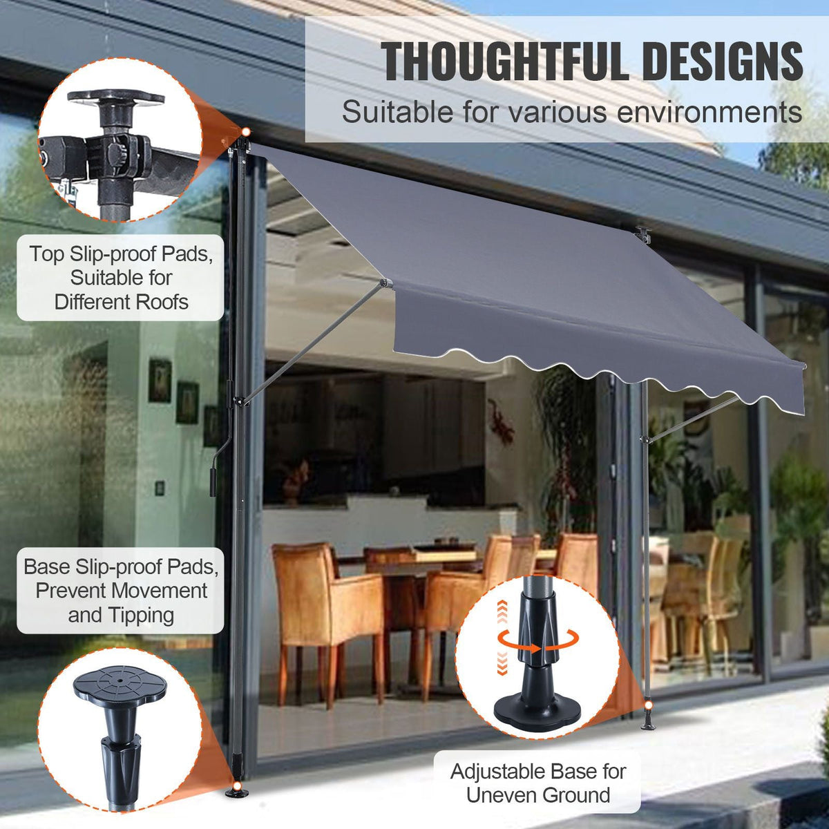 Manual Retractable Awning, 118" Outdoor Retractable Patio Awning Sunshade Shelter, Adjustable Patio Door Window Awning Canopy with 39" Sun Shade Curtain for Backyard, Garden, Balcony