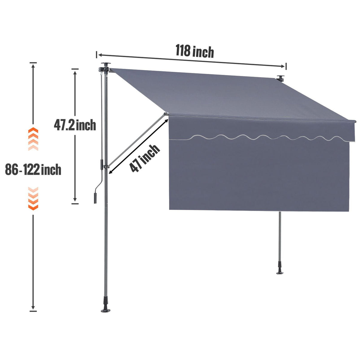 Manual Retractable Awning, 118" Outdoor Retractable Patio Awning Sunshade Shelter, Adjustable Patio Door Window Awning Canopy with 39" Sun Shade Curtain for Backyard, Garden, Balcony