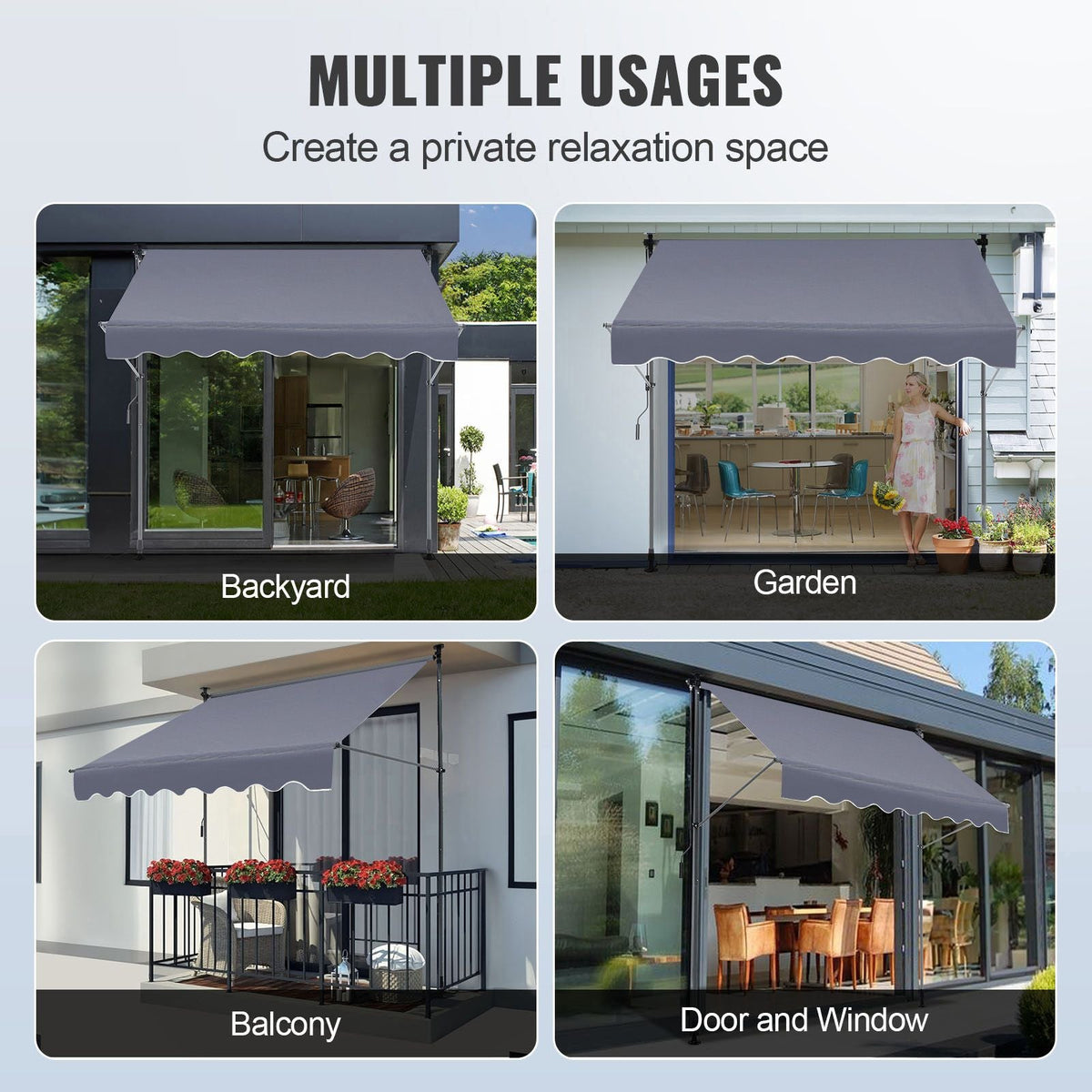 Manual Retractable Awning, 118" Outdoor Retractable Patio Awning Sunshade Shelter, Adjustable Patio Door Window Awning Canopy with 39" Sun Shade Curtain for Backyard, Garden, Balcony