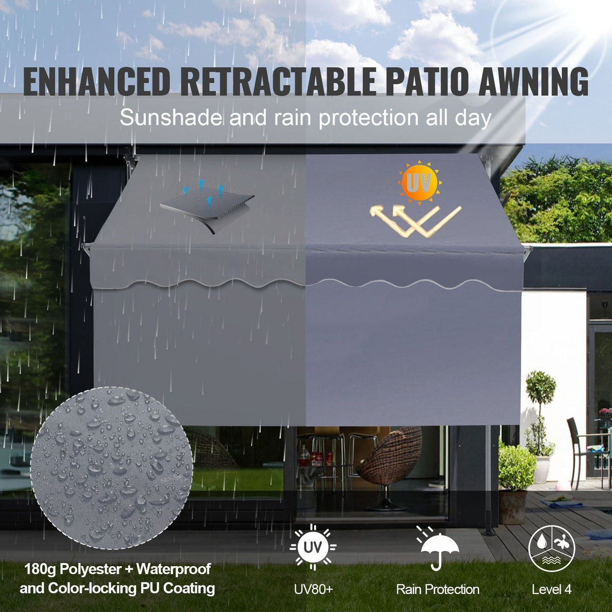 Manual Retractable Awning, 118" Outdoor Retractable Patio Awning Sunshade Shelter, Adjustable Patio Door Window Awning Canopy with 39" Sun Shade Curtain for Backyard, Garden, Balcony