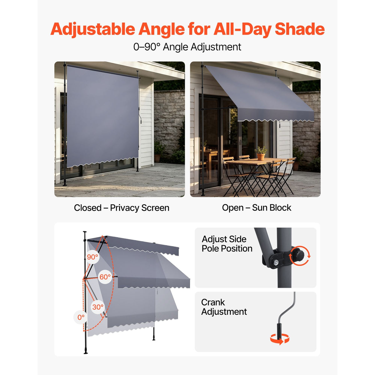Manual Retractable Awning, 118" Outdoor Retractable Patio Awning Sunshade Shelter, Height Adjustable Patio Door Window Canopy with Manual Crank Handle for Backyard, Garden, Balcony, Dark Gray