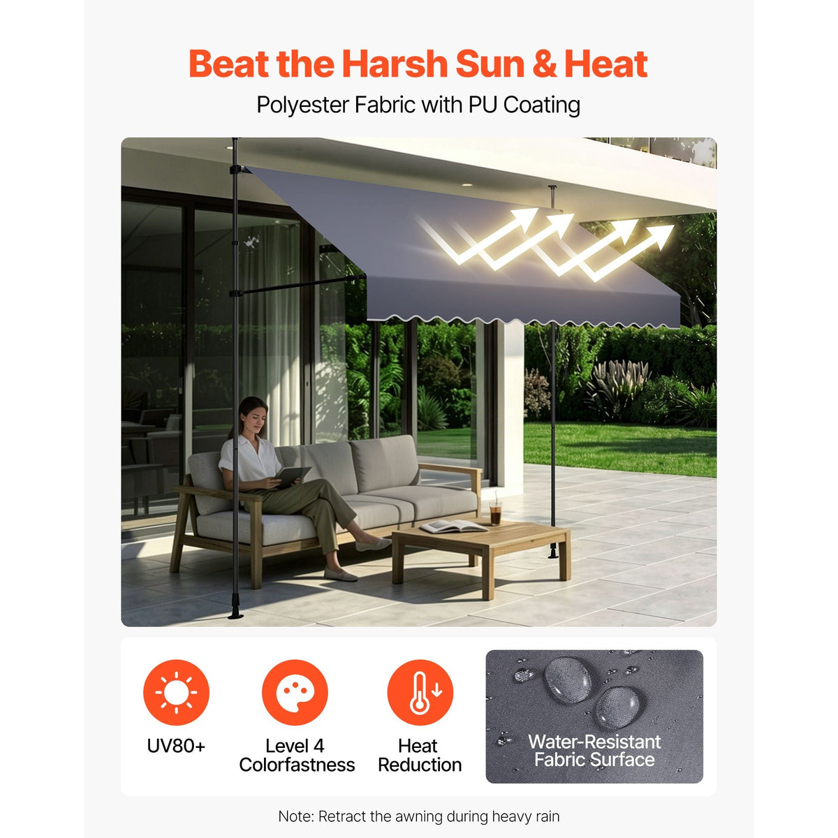 Manual Retractable Awning, 118" Outdoor Retractable Patio Awning Sunshade Shelter, Height Adjustable Patio Door Window Canopy with Manual Crank Handle for Backyard, Garden, Balcony, Dark Gray
