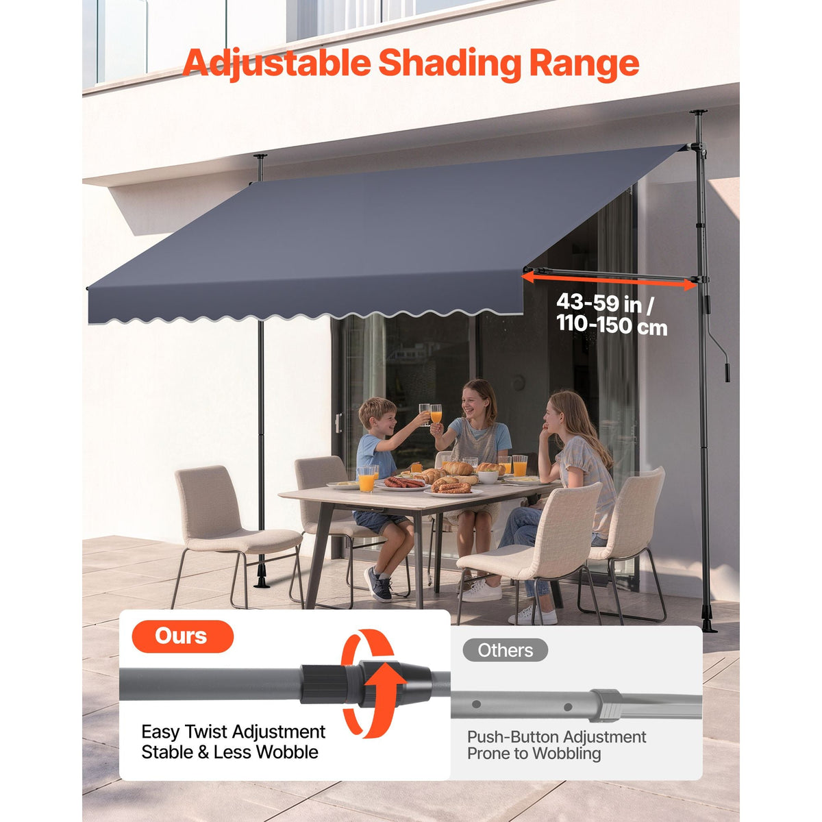 Manual Retractable Awning, 118" Outdoor Retractable Patio Awning Sunshade Shelter, Height Adjustable Patio Door Window Canopy with Manual Crank Handle for Backyard, Garden, Balcony, Dark Gray
