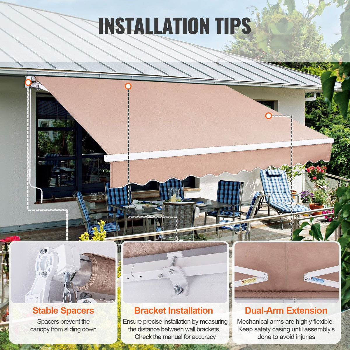 Manual Retractable Awning, 12 x 10 ft Outdoor Patio Awning Retractable Sun Shade, Water-Resistant Polyester Patio Door Window Awning Sunshade Shelter with Crank Handle for Backyard, Balcony
