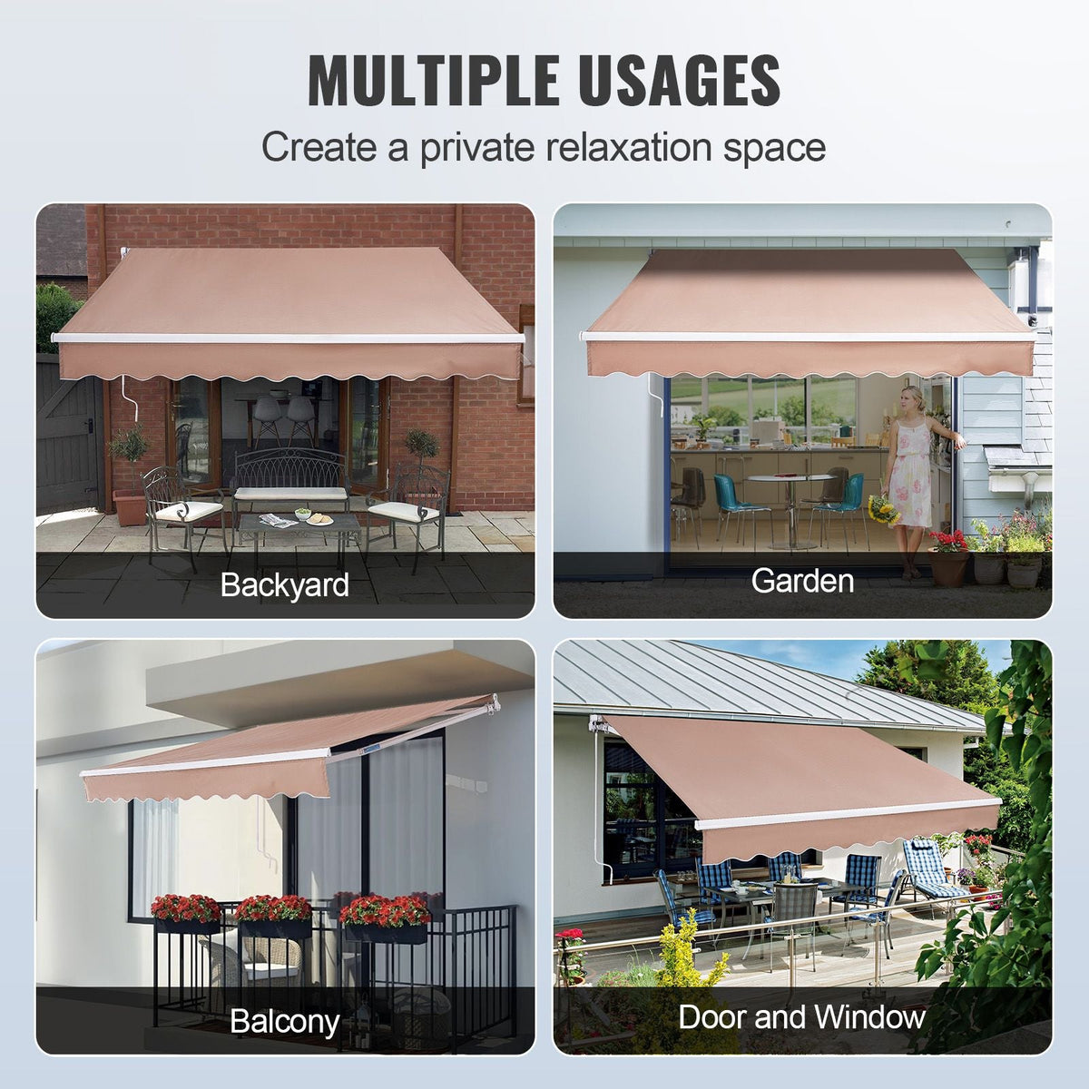 Manual Retractable Awning, 12 x 10 ft Outdoor Patio Awning Retractable Sun Shade, Water-Resistant Polyester Patio Door Window Awning Sunshade Shelter with Crank Handle for Backyard, Balcony