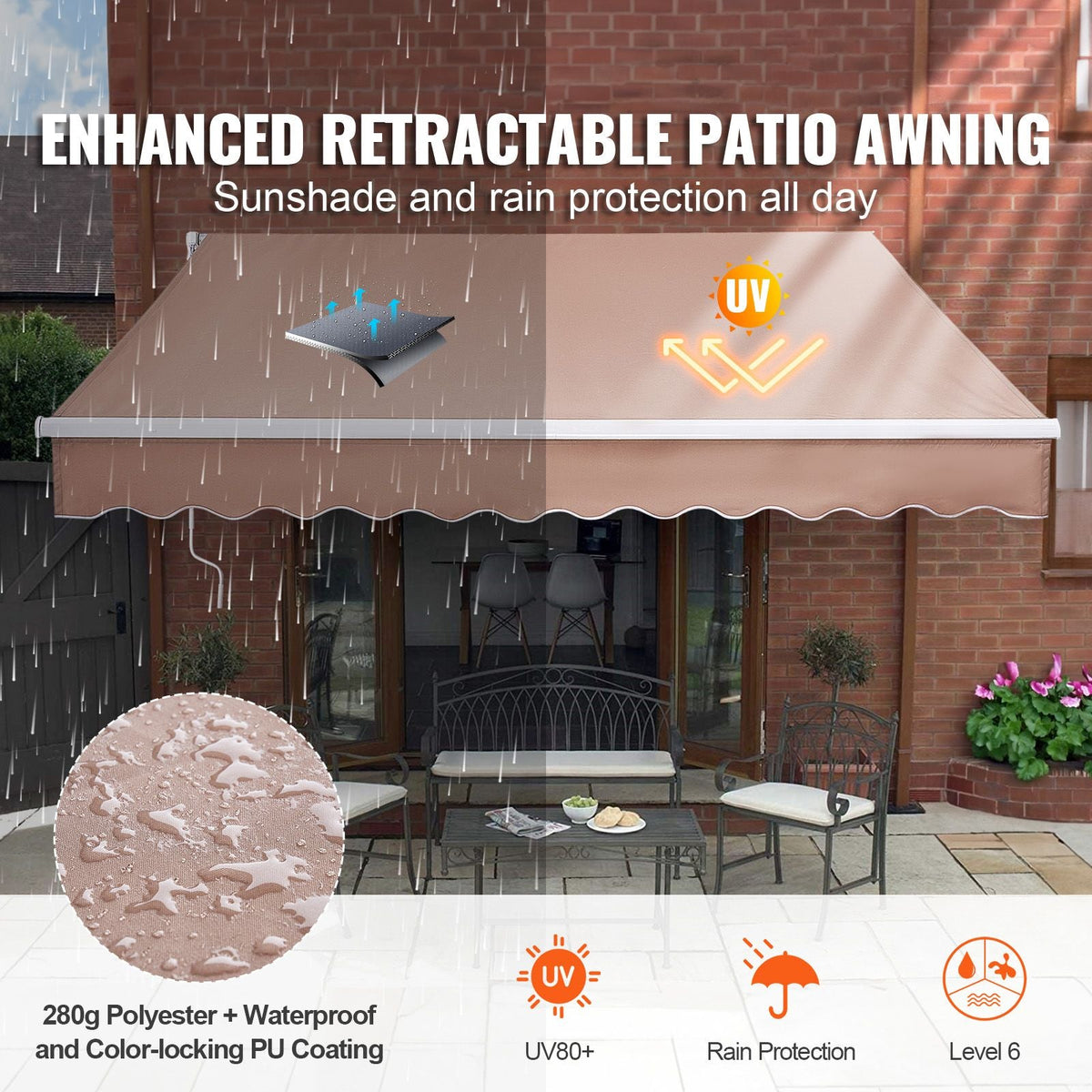 Manual Retractable Awning, 12 x 10 ft Outdoor Patio Awning Retractable Sun Shade, Water-Resistant Polyester Patio Door Window Awning Sunshade Shelter with Crank Handle for Backyard, Balcony