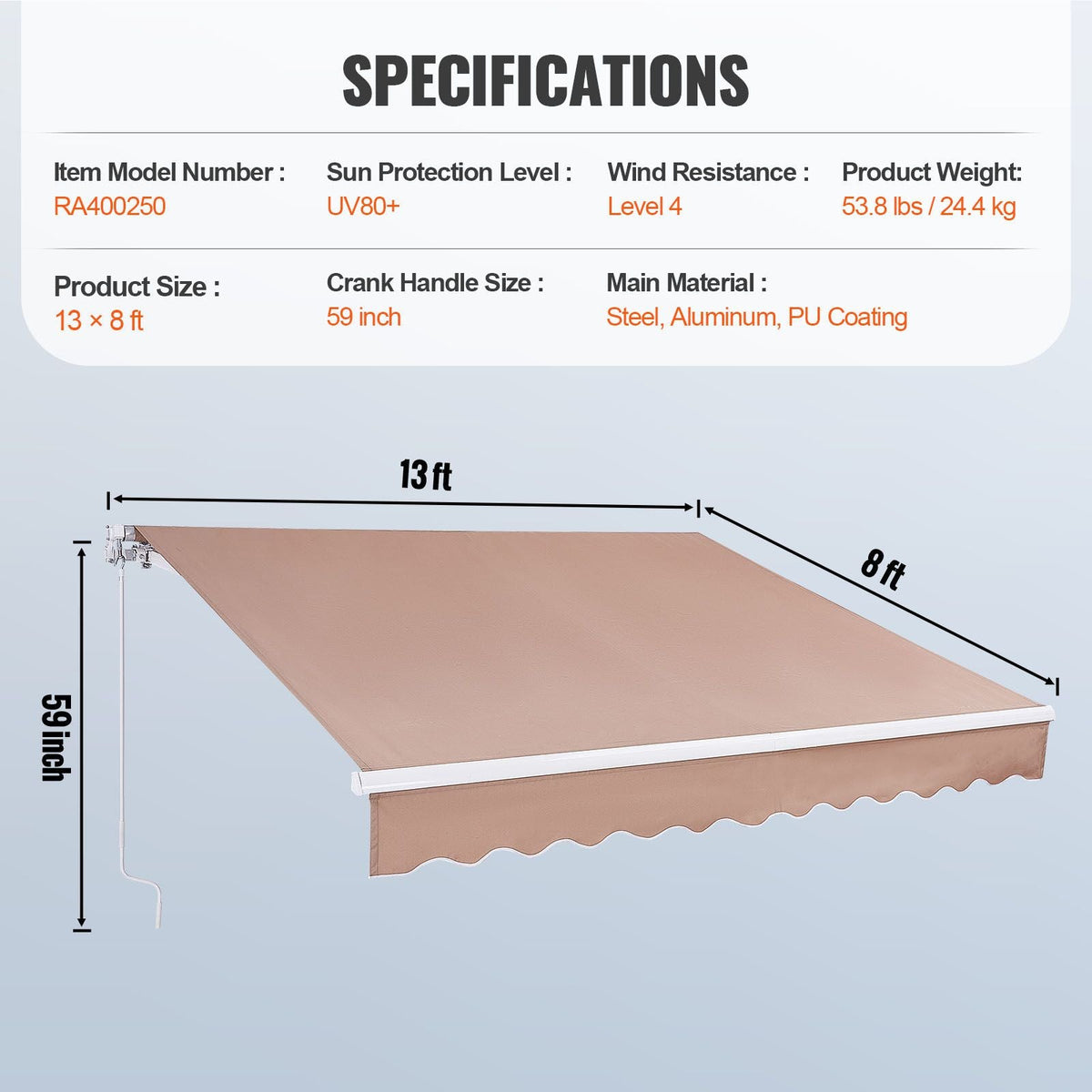 Manual Retractable Awning, 13 x 8 ft Outdoor Patio Awning Retractable Sun Shade, Water-Resistant Polyester Patio Door Window Awning Sunshade Shelter with Crank Handle for Backyard, Balcony