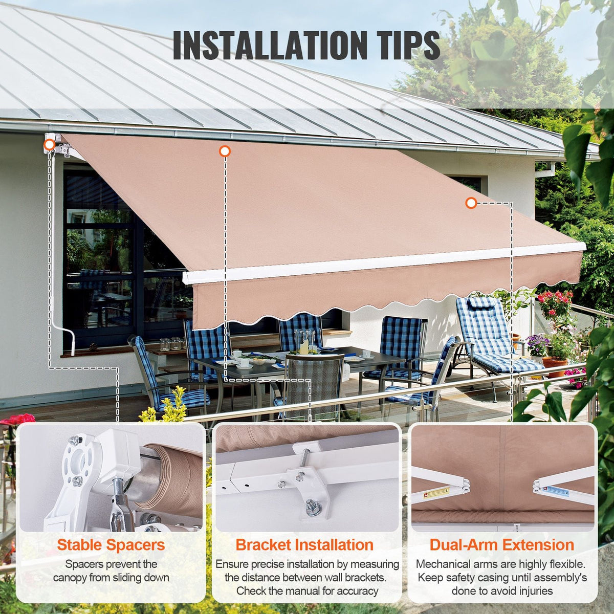Manual Retractable Awning, 13 x 8 ft Outdoor Patio Awning Retractable Sun Shade, Water-Resistant Polyester Patio Door Window Awning Sunshade Shelter with Crank Handle for Backyard, Balcony