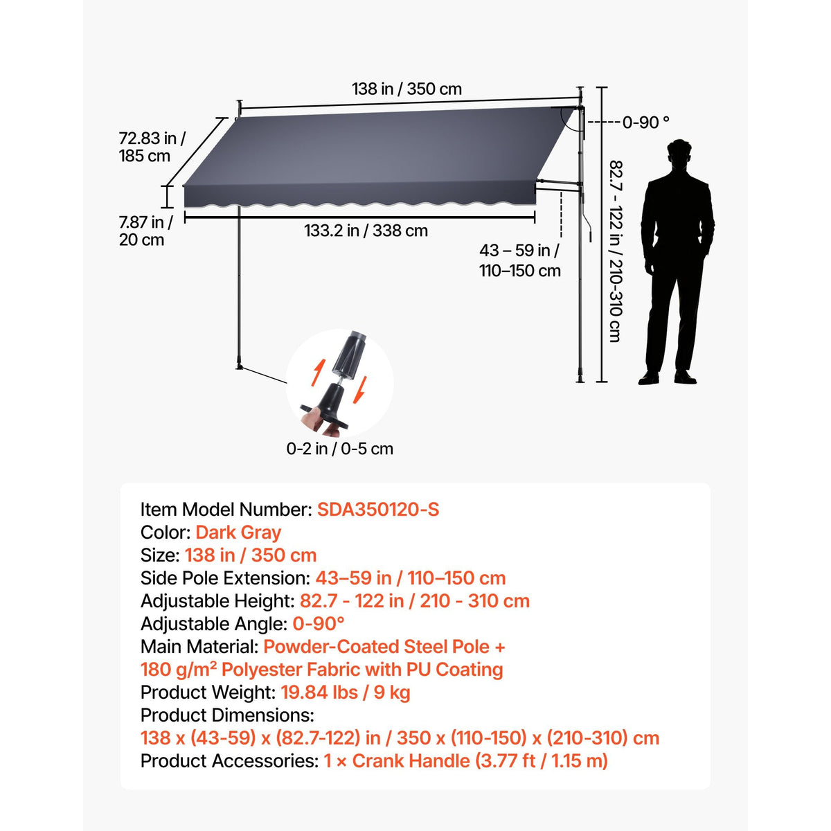 Manual Retractable Awning, 138" Outdoor Retractable Patio Awning Sunshade Shelter, Height Adjustable Patio Door Window Canopy with Manual Crank Handle for Backyard, Garden, Balcony, Dark Gray