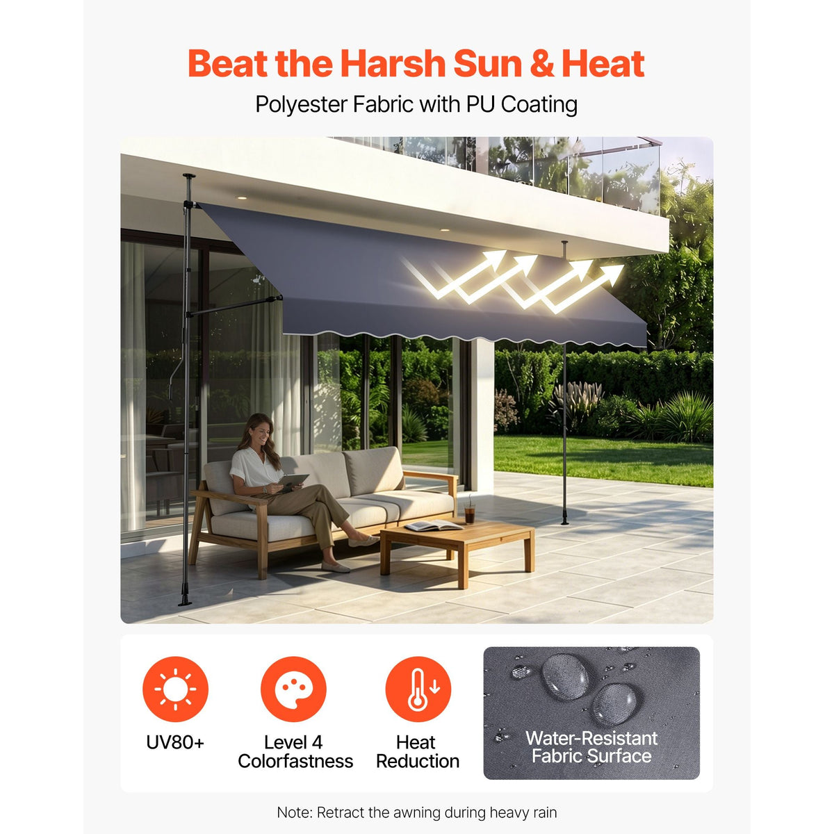 Manual Retractable Awning, 138" Outdoor Retractable Patio Awning Sunshade Shelter, Height Adjustable Patio Door Window Canopy with Manual Crank Handle for Backyard, Garden, Balcony, Dark Gray