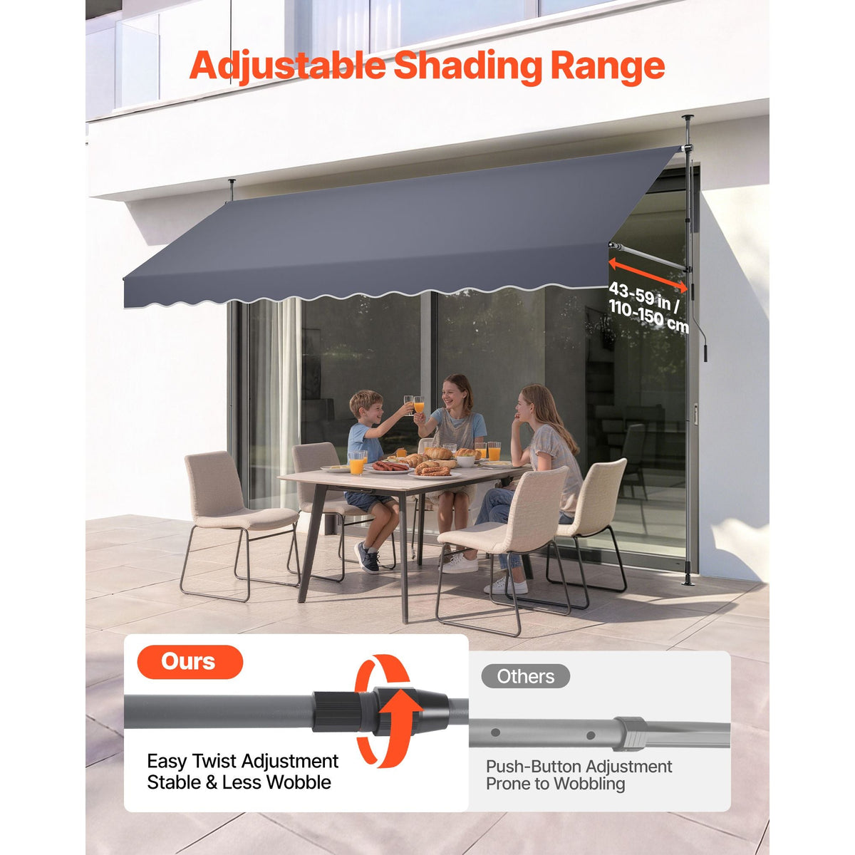 Manual Retractable Awning, 138" Outdoor Retractable Patio Awning Sunshade Shelter, Height Adjustable Patio Door Window Canopy with Manual Crank Handle for Backyard, Garden, Balcony, Dark Gray