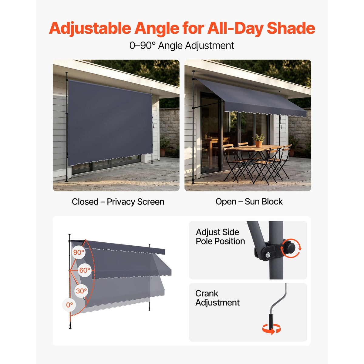 Manual Retractable Awning, 138" Outdoor Retractable Patio Awning Sunshade Shelter, Height Adjustable Patio Door Window Canopy with Manual Crank Handle for Backyard, Garden, Balcony, Dark Gray