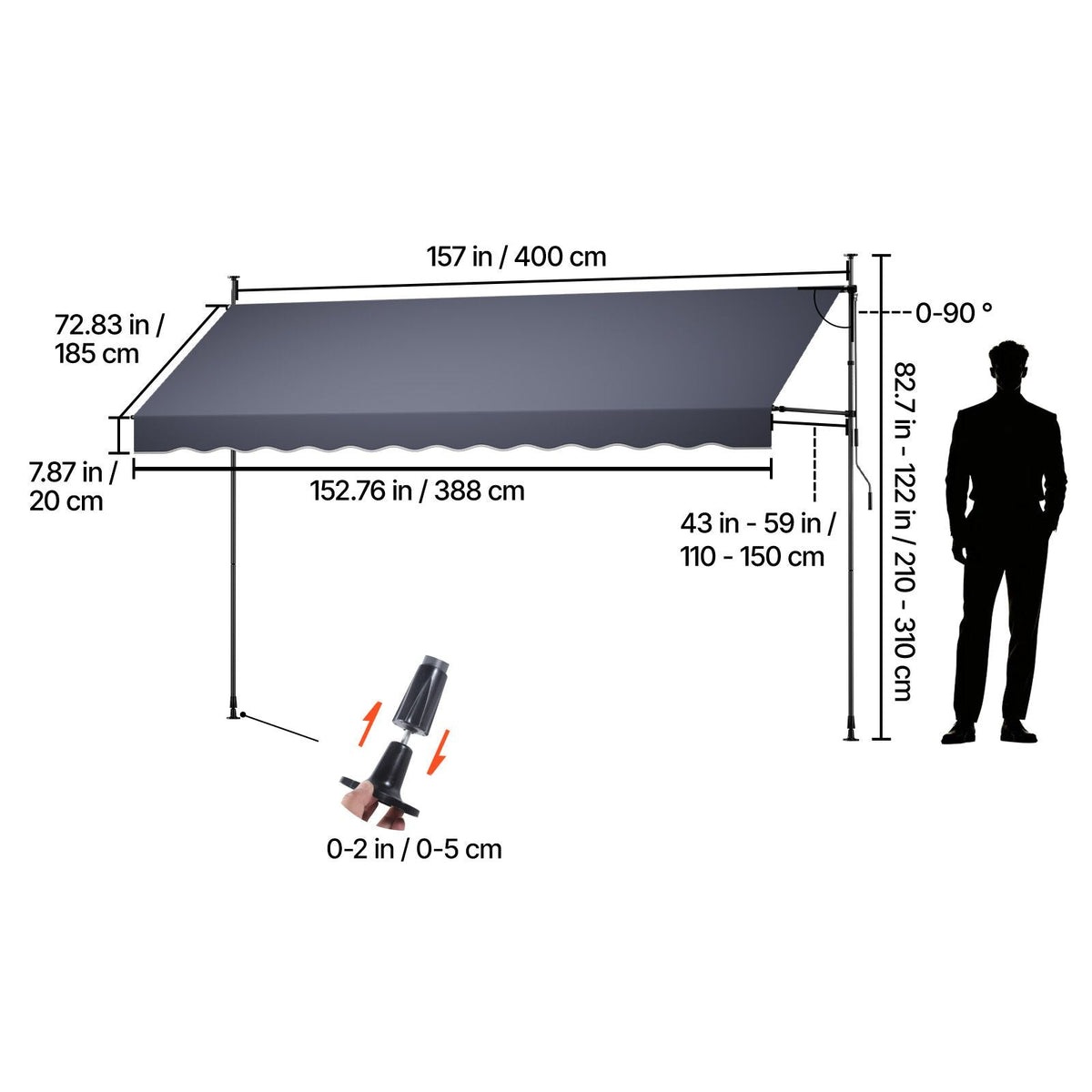 Manual Retractable Awning, 157" Outdoor Retractable Patio Awning Sunshade Shelter, Height Adjustable Patio Door Window Canopy with Manual Crank Handle for Backyard, Garden, Balcony, Dark Gray