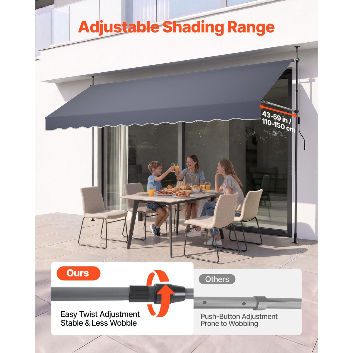 Manual Retractable Awning, 157" Outdoor Retractable Patio Awning Sunshade Shelter, Height Adjustable Patio Door Window Canopy with Manual Crank Handle for Backyard, Garden, Balcony, Dark Gray