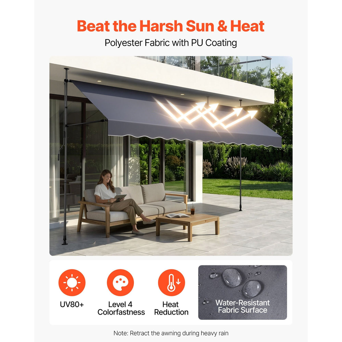 Manual Retractable Awning, 157" Outdoor Retractable Patio Awning Sunshade Shelter, Height Adjustable Patio Door Window Canopy with Manual Crank Handle for Backyard, Garden, Balcony, Dark Gray