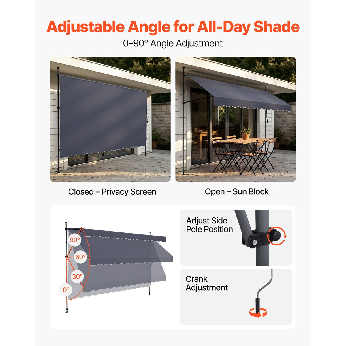 Manual Retractable Awning, 157" Outdoor Retractable Patio Awning Sunshade Shelter, Height Adjustable Patio Door Window Canopy with Manual Crank Handle for Backyard, Garden, Balcony, Dark Gray
