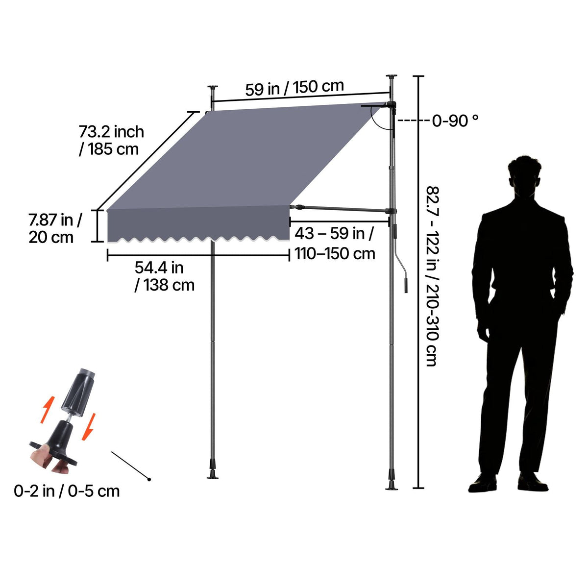 Manual Retractable Awning, 59" Outdoor Retractable Patio Awning Sunshade Shelter, Height Adjustable Patio Door Window Canopy with Manual Crank Handle for Backyard, Garden, Balcony, Dark Gray