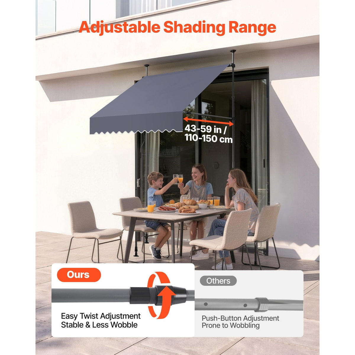 Manual Retractable Awning, 59" Outdoor Retractable Patio Awning Sunshade Shelter, Height Adjustable Patio Door Window Canopy with Manual Crank Handle for Backyard, Garden, Balcony, Dark Gray