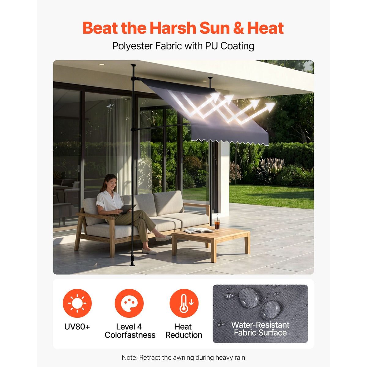 Manual Retractable Awning, 59" Outdoor Retractable Patio Awning Sunshade Shelter, Height Adjustable Patio Door Window Canopy with Manual Crank Handle for Backyard, Garden, Balcony, Dark Gray