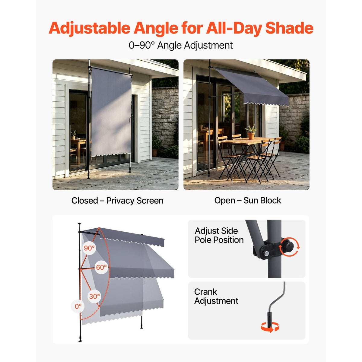 Manual Retractable Awning, 59" Outdoor Retractable Patio Awning Sunshade Shelter, Height Adjustable Patio Door Window Canopy with Manual Crank Handle for Backyard, Garden, Balcony, Dark Gray