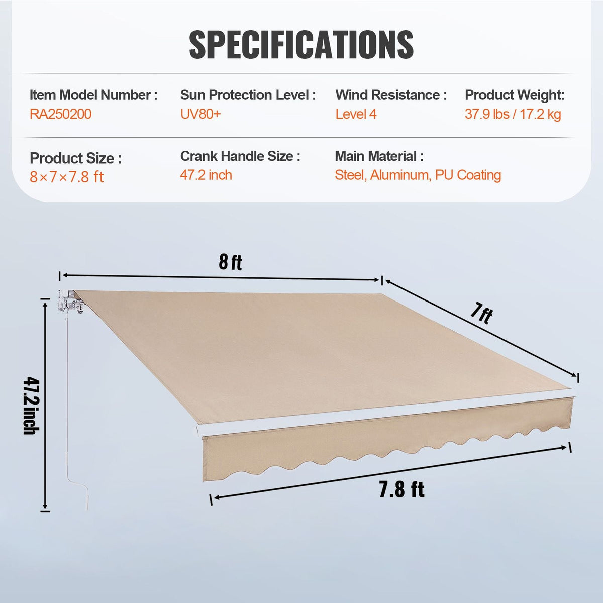 Manual Retractable Awning, 8 x 7 ft Outdoor Patio Awning Retractable Sun Shade, Water-Resistant Polyester Patio Door Window Awning Sunshade Shelter with Crank Handle for Backyard, Balcony