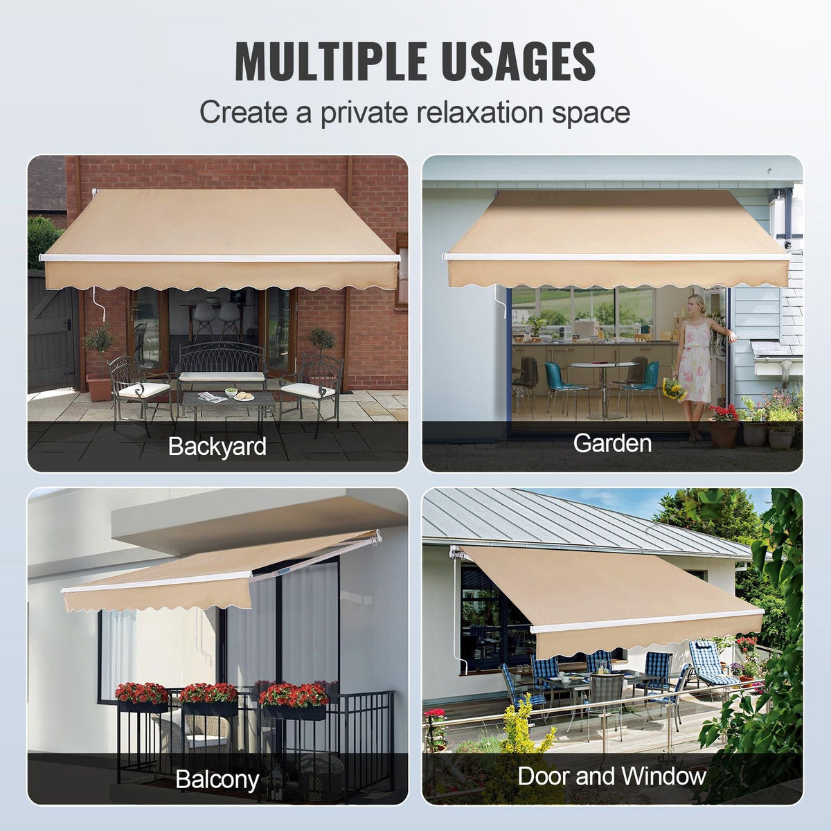 Manual Retractable Awning, 8 x 7 ft Outdoor Patio Awning Retractable Sun Shade, Water-Resistant Polyester Patio Door Window Awning Sunshade Shelter with Crank Handle for Backyard, Balcony