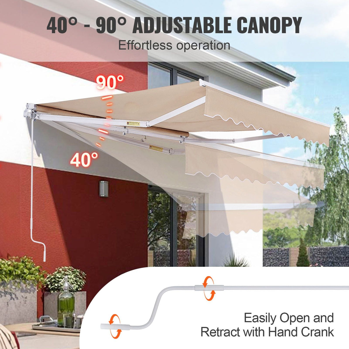 Manual Retractable Awning, 8 x 7 ft Outdoor Patio Awning Retractable Sun Shade, Water-Resistant Polyester Patio Door Window Awning Sunshade Shelter with Crank Handle for Backyard, Balcony