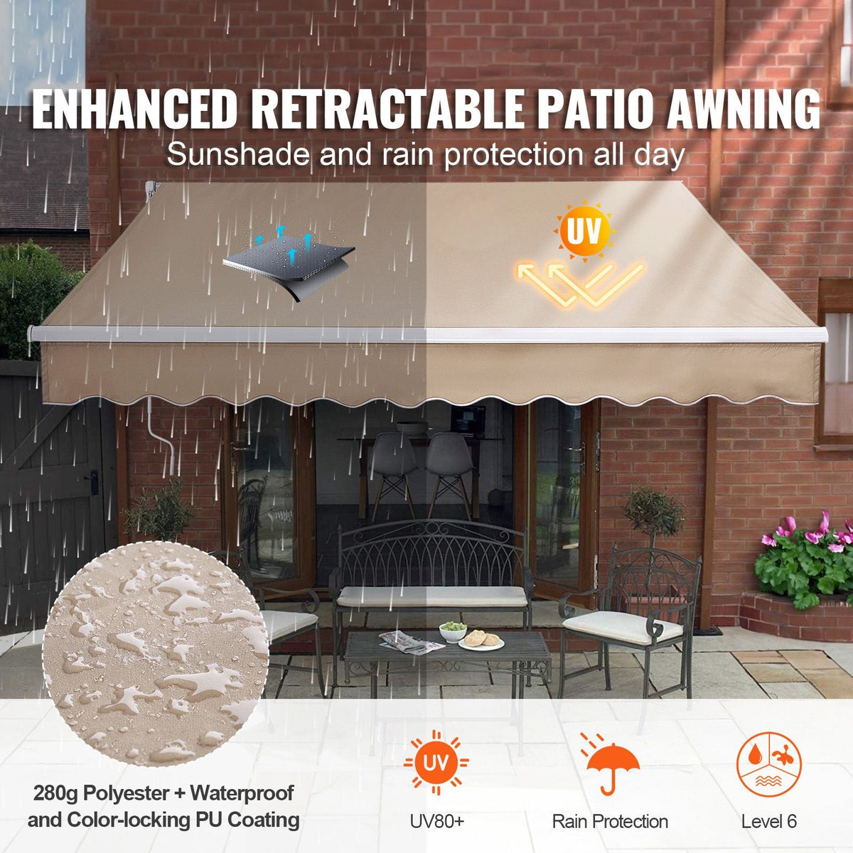 Manual Retractable Awning, 8 x 7 ft Outdoor Patio Awning Retractable Sun Shade, Water-Resistant Polyester Patio Door Window Awning Sunshade Shelter with Crank Handle for Backyard, Balcony