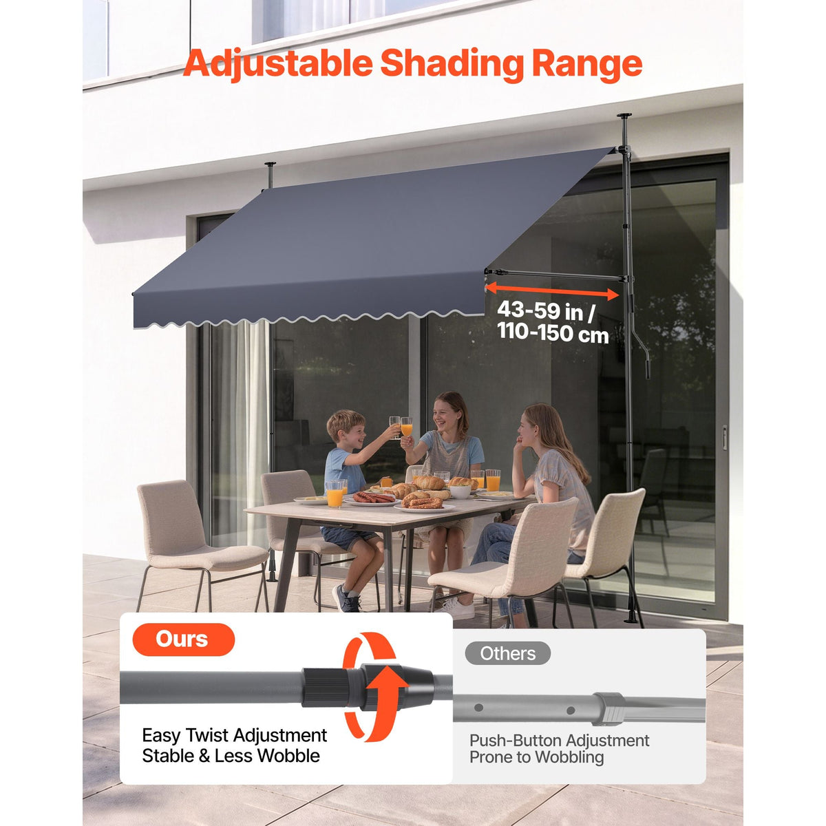 Manual Retractable Awning, 98" Outdoor Retractable Patio Awning Sunshade Shelter, Height Adjustable Patio Door Window Canopy with Manual Crank Handle for Backyard, Garden, Balcony, Dark Gray
