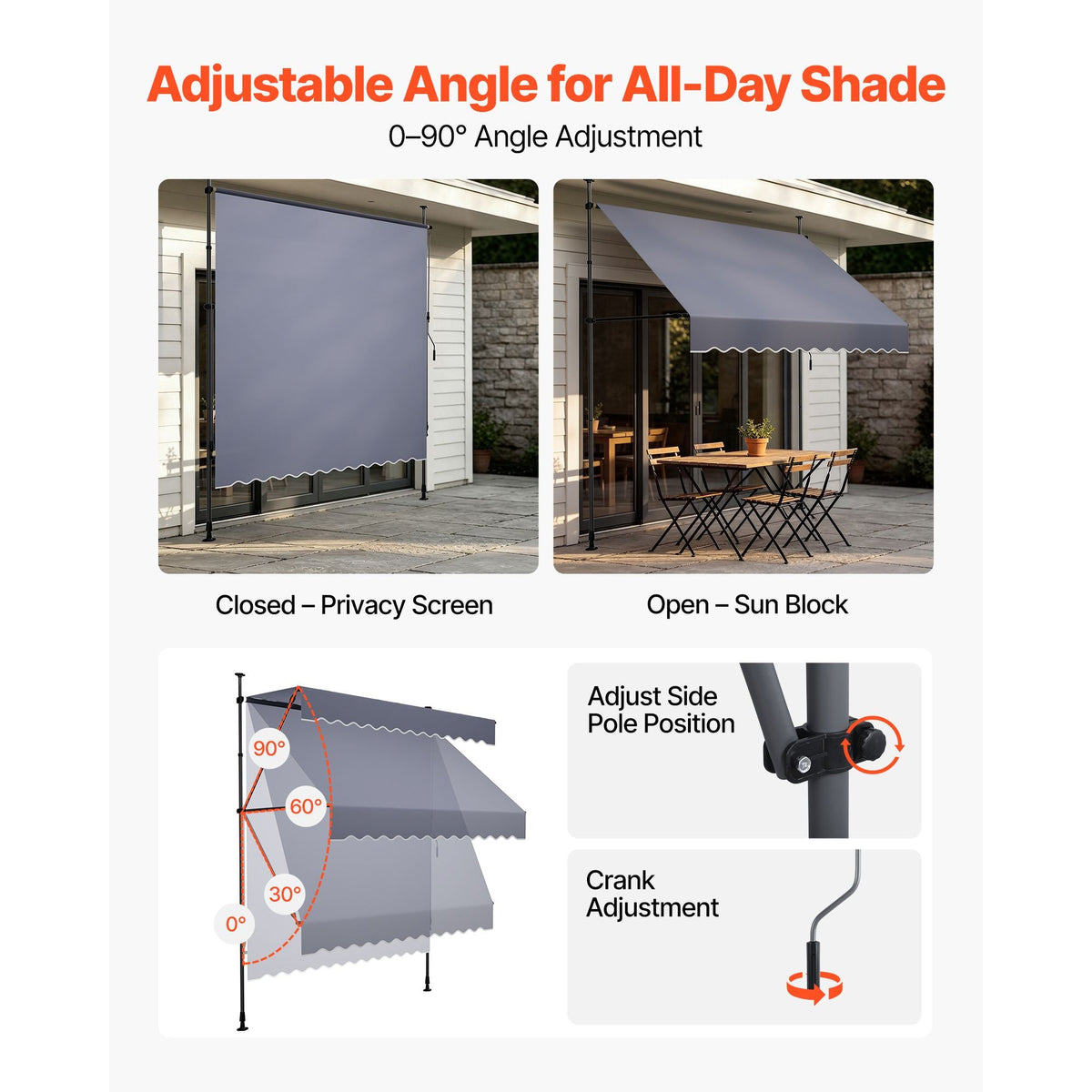 Manual Retractable Awning, 98" Outdoor Retractable Patio Awning Sunshade Shelter, Height Adjustable Patio Door Window Canopy with Manual Crank Handle for Backyard, Garden, Balcony, Dark Gray