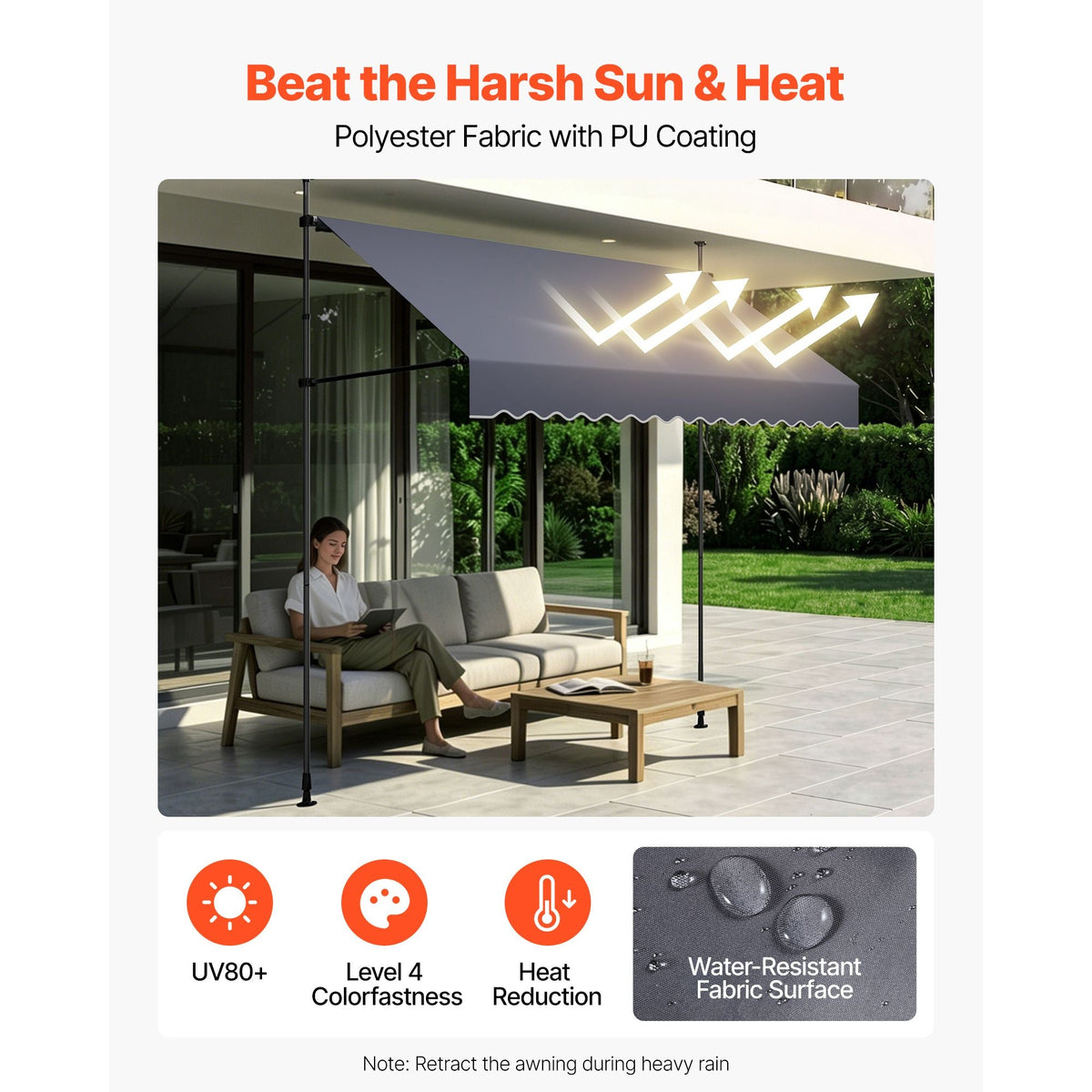 Manual Retractable Awning, 98" Outdoor Retractable Patio Awning Sunshade Shelter, Height Adjustable Patio Door Window Canopy with Manual Crank Handle for Backyard, Garden, Balcony, Dark Gray