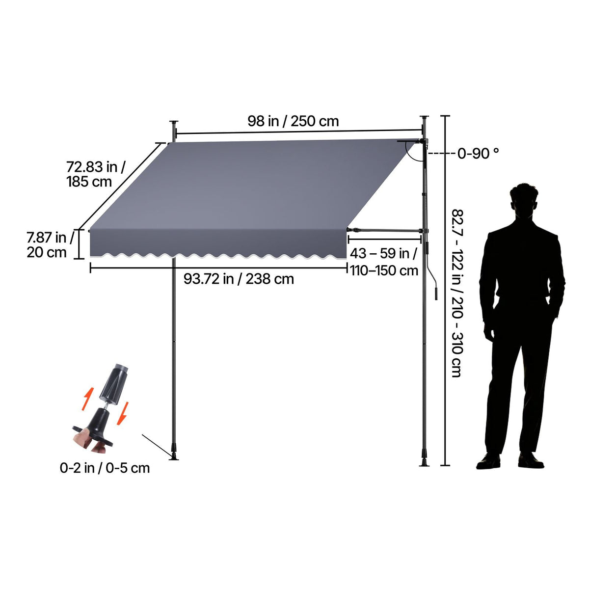 Manual Retractable Awning, 98" Outdoor Retractable Patio Awning Sunshade Shelter, Height Adjustable Patio Door Window Canopy with Manual Crank Handle for Backyard, Garden, Balcony, Dark Gray