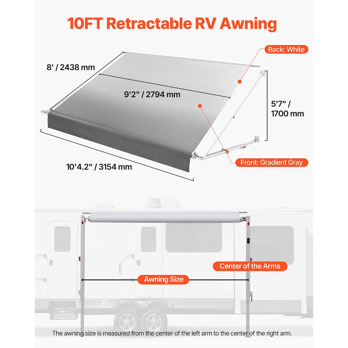 Manual RV Awning Complete Kit, 10.12FT Retractable RV Awning with Aluminum Alloy Frame & Waterproof PVC Fabric, Outdoor Camping Trailer Awnings Fit Most RVs (10FT Type, Gradient Gray)