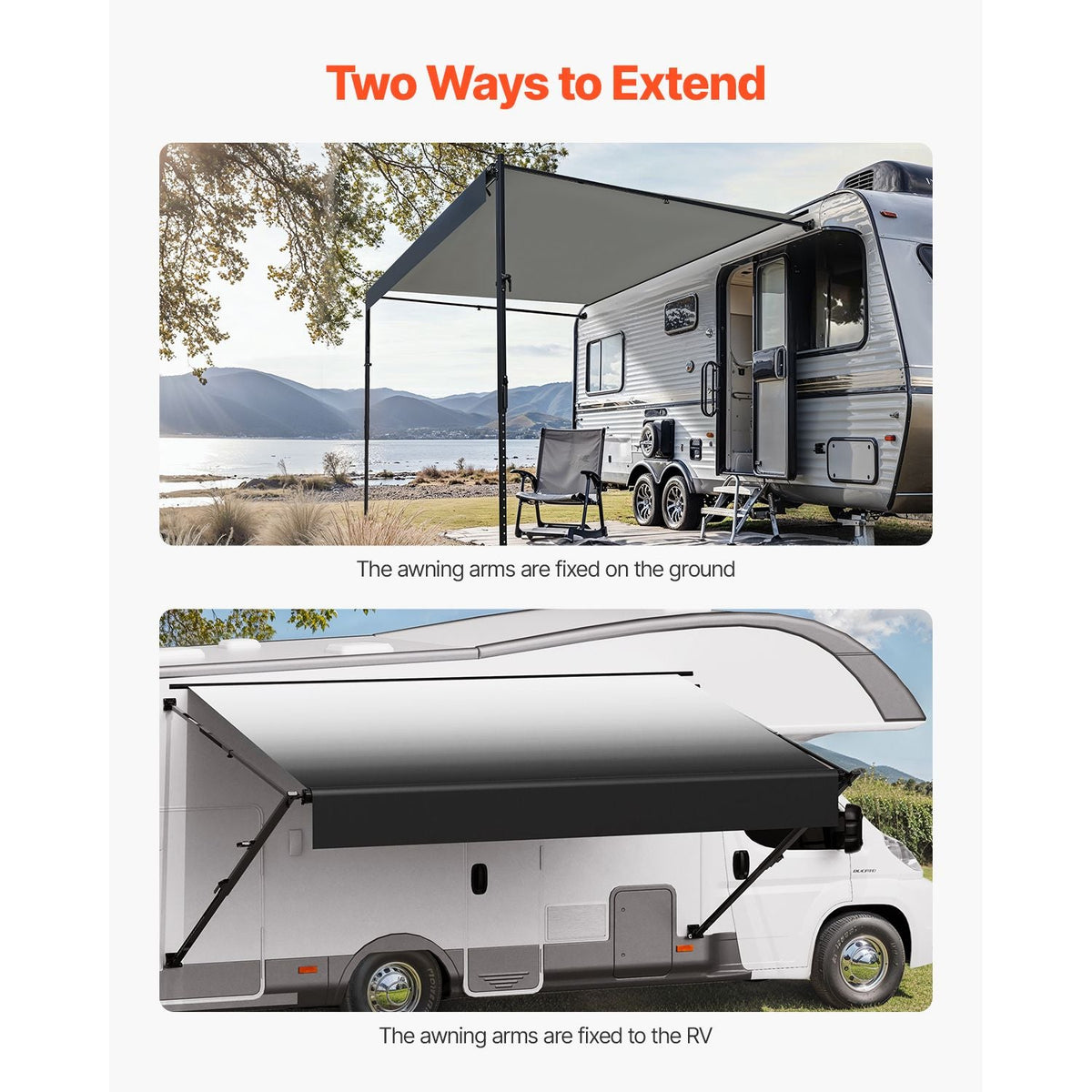 Manual RV Awning Complete Kit, 14' Retractable Awning with Aluminum Alloy Frame, Outdoor Trailer Awning, Fit for Most RVs(Black Fade)
