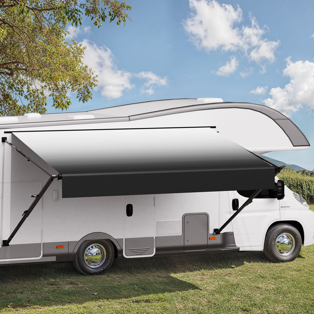 Manual RV Awning Complete Kit, 14' Retractable Awning with Aluminum Alloy Frame, Outdoor Trailer Awning, Fit for Most RVs(Black Fade)