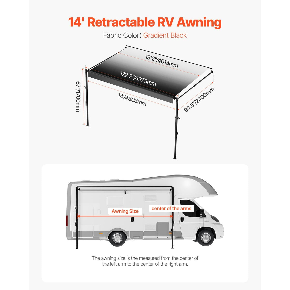 Manual RV Awning Complete Kit, 14' Retractable Awning with Aluminum Alloy Frame, Outdoor Trailer Awning, Fit for Most RVs(Black Fade)