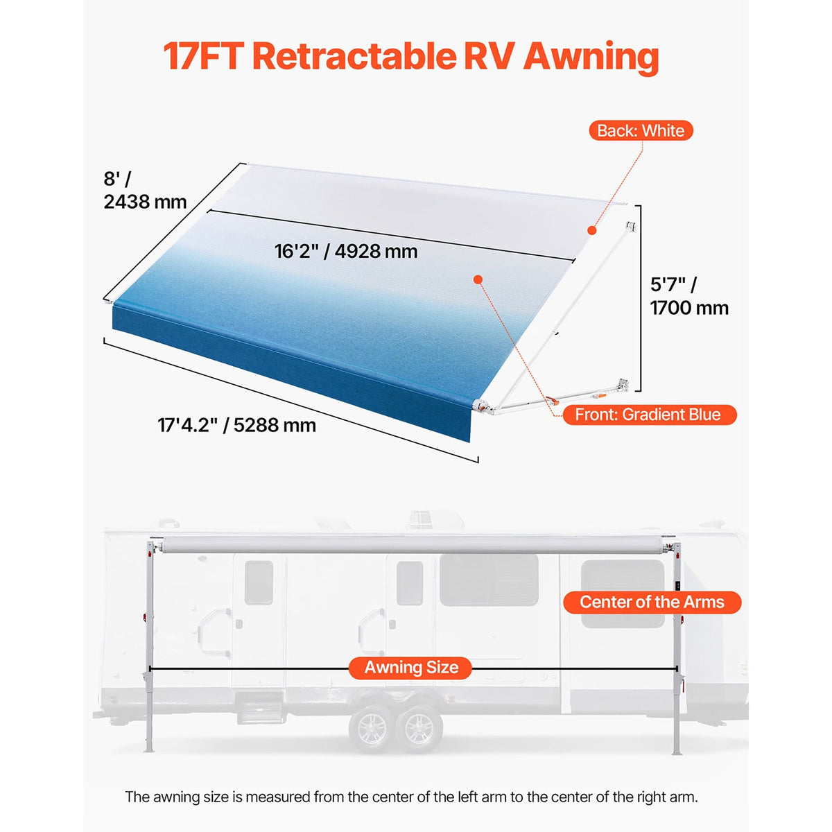 Manual RV Awning Complete Kit, 17.12FT Retractable RV Awning with Aluminum Alloy Frame & Waterproof PVC Fabric, Outdoor Camping Trailer Awnings Fit Most RVs (17FT Type, Gradient Blue)