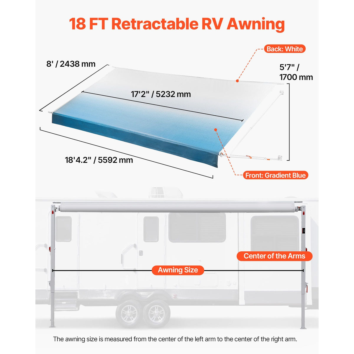 Manual RV Awning Complete Kit, 18.12FT Retractable RV Awning with Aluminum Alloy Frame & Waterproof PVC Fabric, Outdoor Camping Trailer Awnings Fit Most RVs (18FT Type, Gradient Blue)