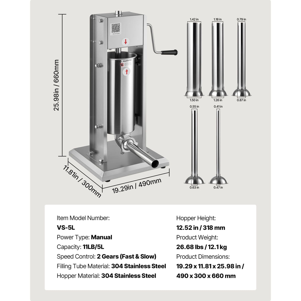Manual Sausage Stuffer, 11 LBS / 5 L Vertical Meat Stuffer, Dual-Speed Sausage Casing Meat Filling Machine, Stainless Steel Heavy Duty Filler with 5 Stuffing Tubes, for Commercial & Home Use
