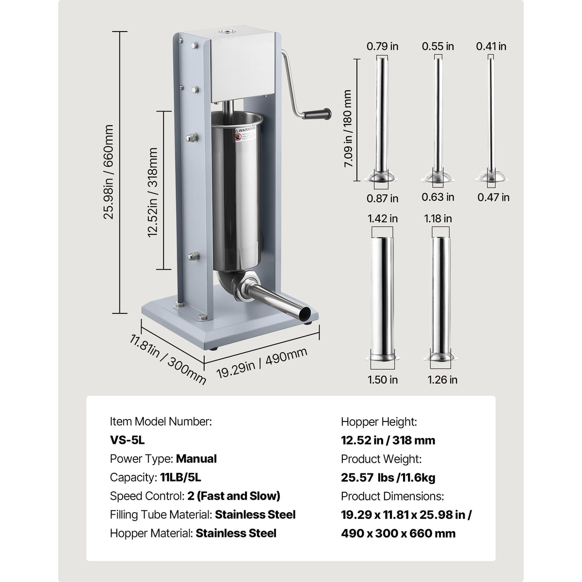 Manual Sausage Stuffer, 11 LBS / 5 L Vertical Meat Stuffer, Heavy Duty Sausage Casing Meat Stuffing Machine, Dual-Speed Stainless Steel Filler with 5 Filling Tubes, for Commercial and Home Use