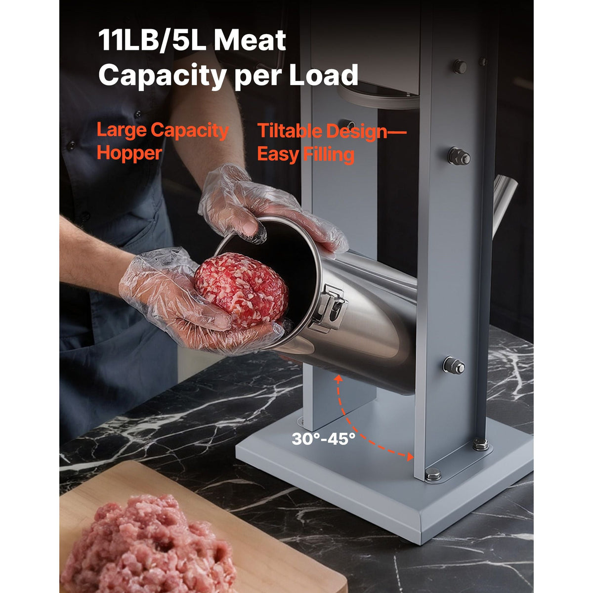 Manual Sausage Stuffer, 11 LBS / 5 L Vertical Meat Stuffer, Heavy Duty Sausage Casing Meat Stuffing Machine, Dual-Speed Stainless Steel Filler with 5 Filling Tubes, for Commercial and Home Use
