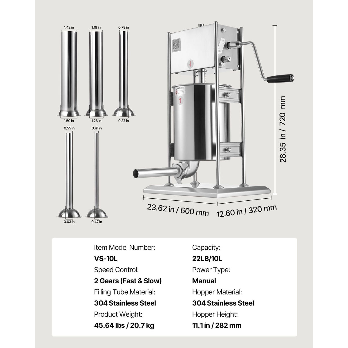 Manual Sausage Stuffer, 22 LBS / 10 L Vertical Meat Stuffer, Dual-Speed Sausage Casing Meat Filling Machine, Stainless Steel Heavy Duty Filler with 5 Stuffing Tubes, for Commercial & Home Use